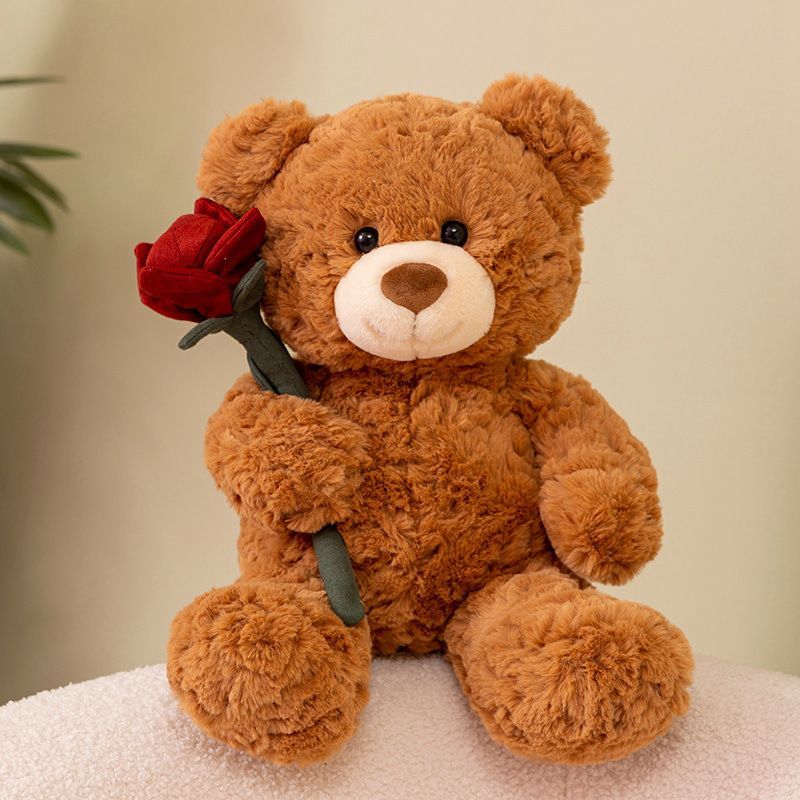 Cute Pink and Brown Bear Stuffed Animal with A Rose