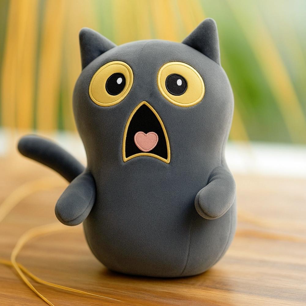 Stuffed scaredy cat with shock face embroidery