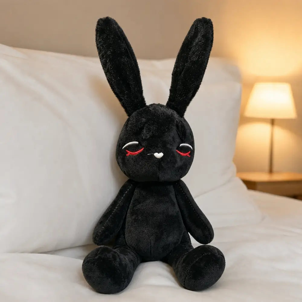 Emo Bunny with Angry Expression Plush in a Warm Bedroom