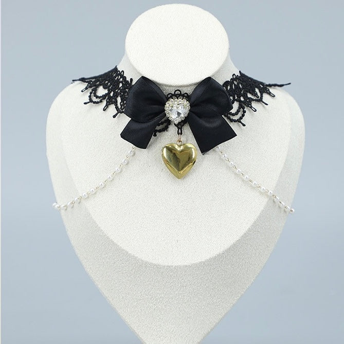 Black Lace Heart Choker with Crystal