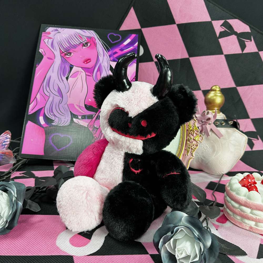 Emo Black and Pink Bear Plush Toy with Devil Horns