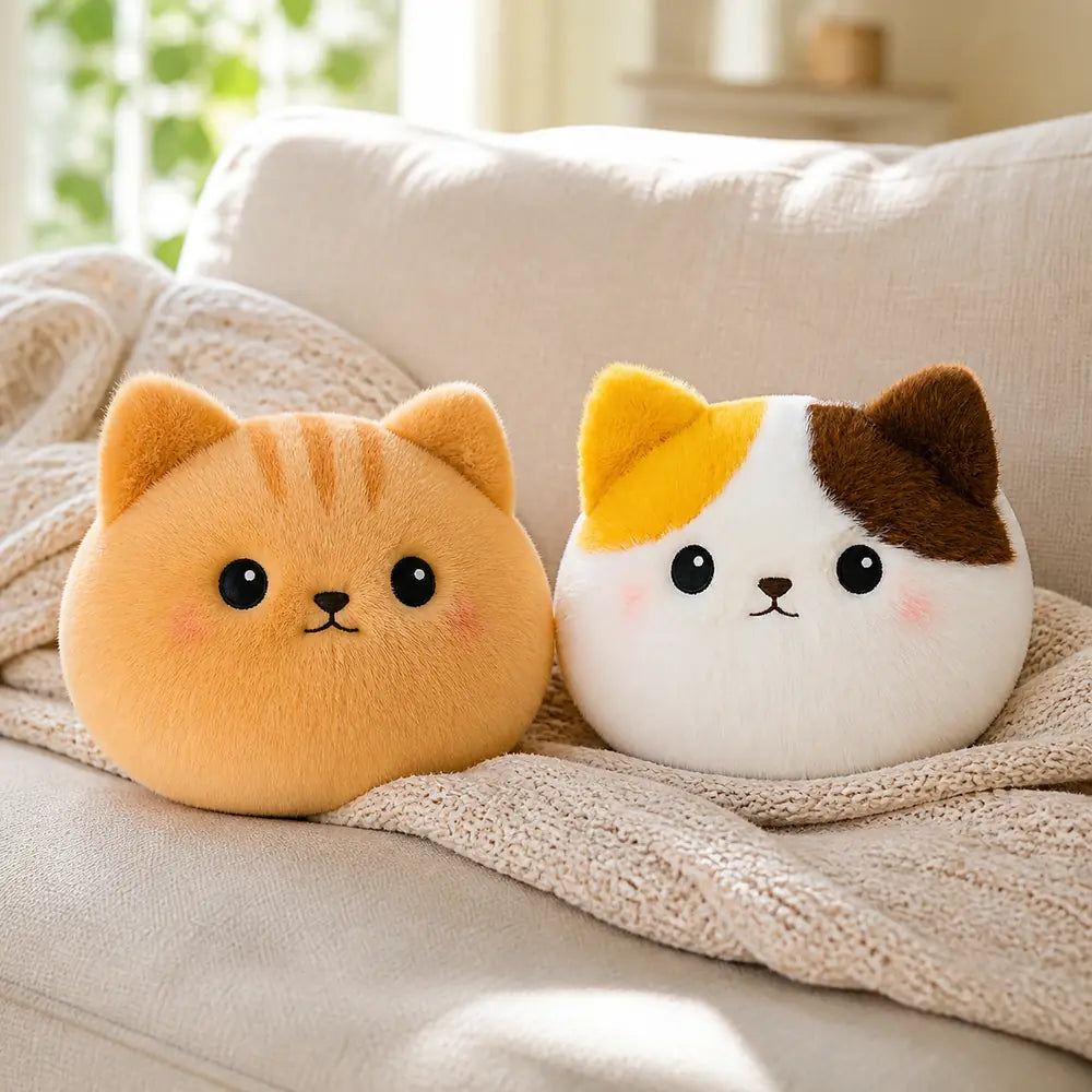 Calico Cat and Orange Tabby Plush Pillows on a Sofa