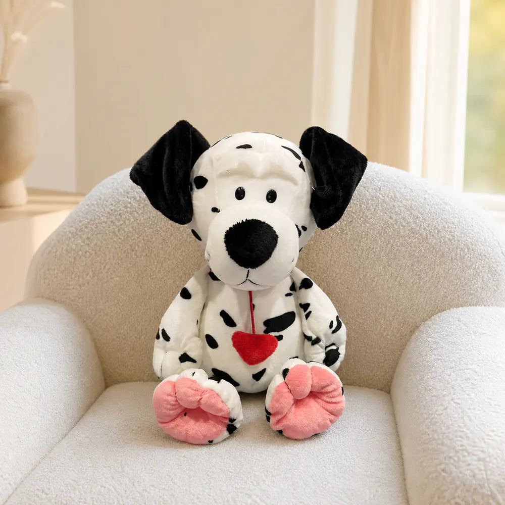 Dalmatian Heart Plush Dog on Boucle Armchair