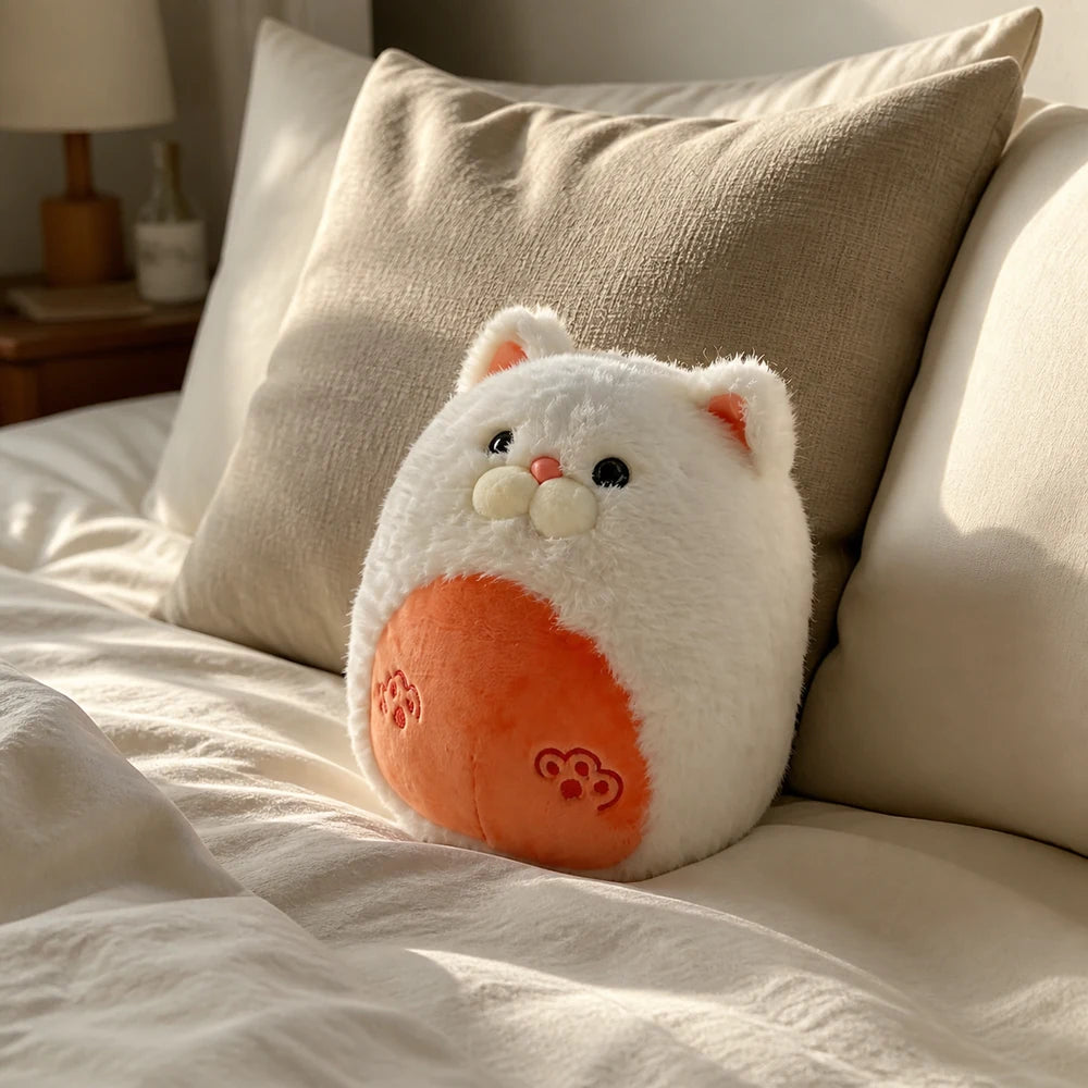 Fluffy Cat Plush White on Bed