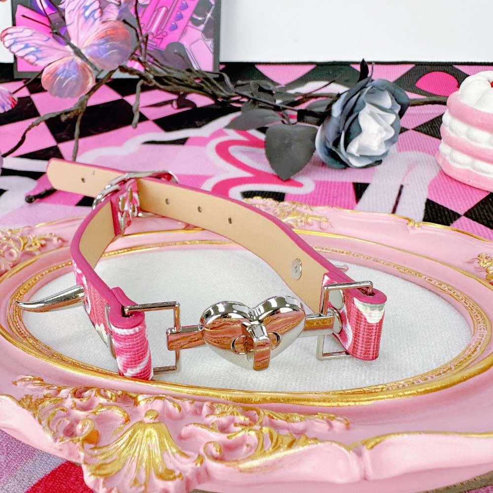 Cute Floral Heart Pink Leather Choker