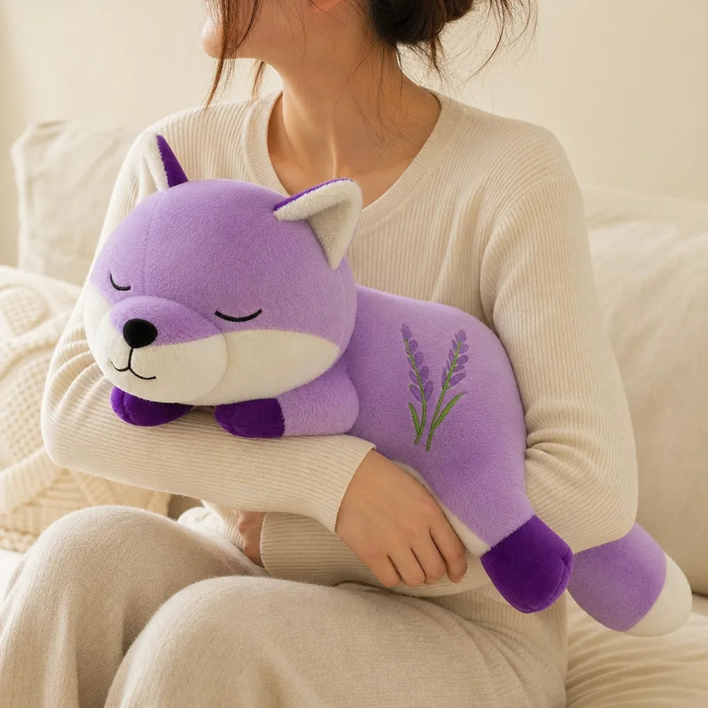 Lavender Sleepy Fox Plush Hugging Lifestyle