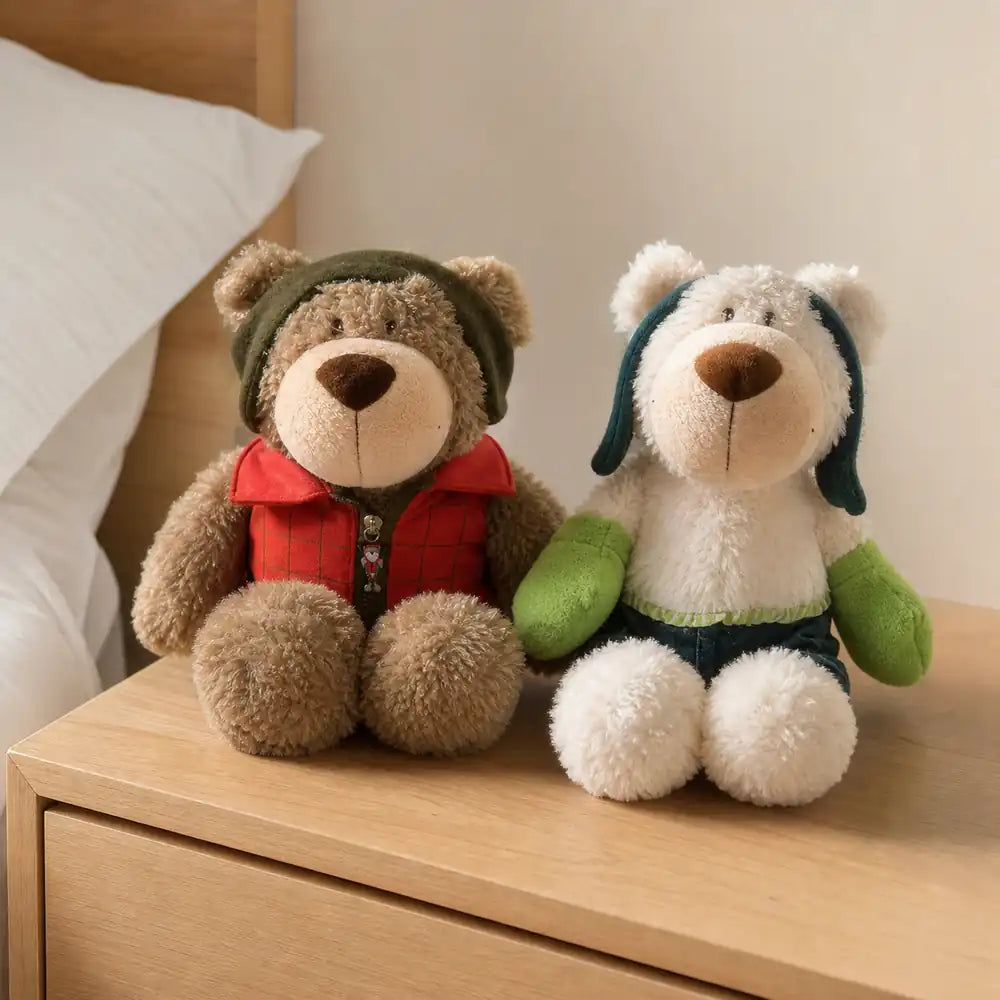 Adventure Bear Plush Stuffed Animal - Pair on Bedside Table