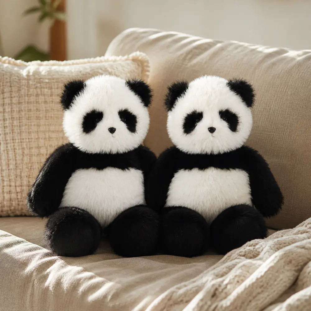Two Giant Fuzzy Panda Plush Toys on a Sofa