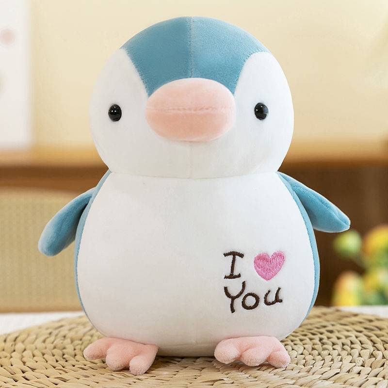 blue green penguin plush pillows with I love you