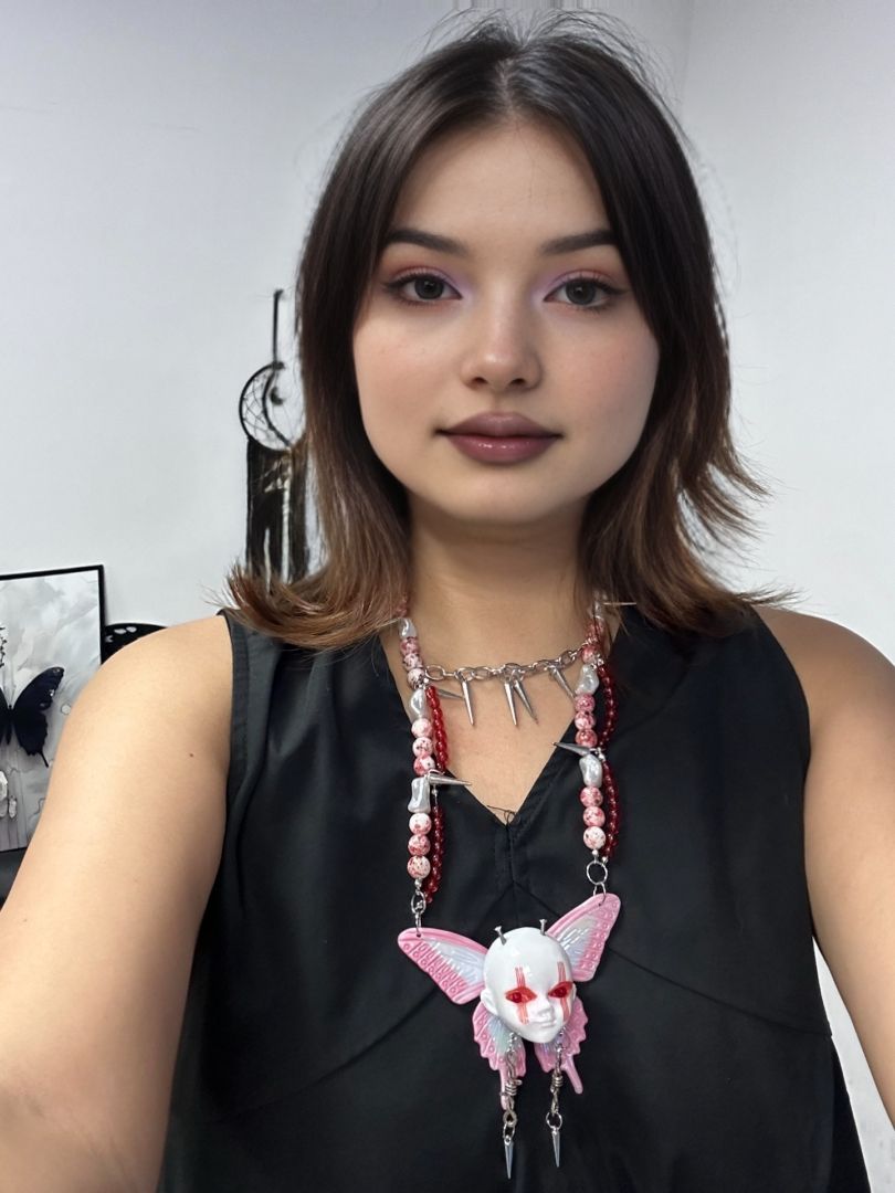 Gothic Horror Doll Head Wings Red Choker