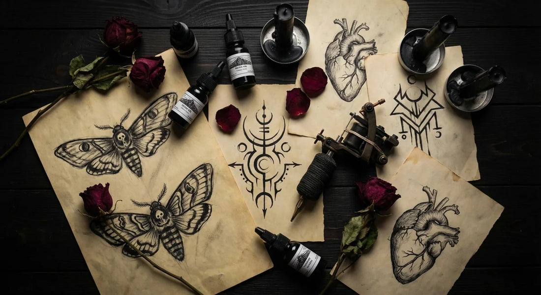 Dark Aesthetic Tattoo Concepts and Artist Workspace