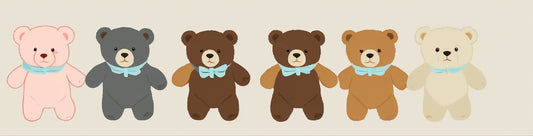 A row of different colored teddy bears