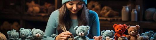 a girl knitting a stuffed animal