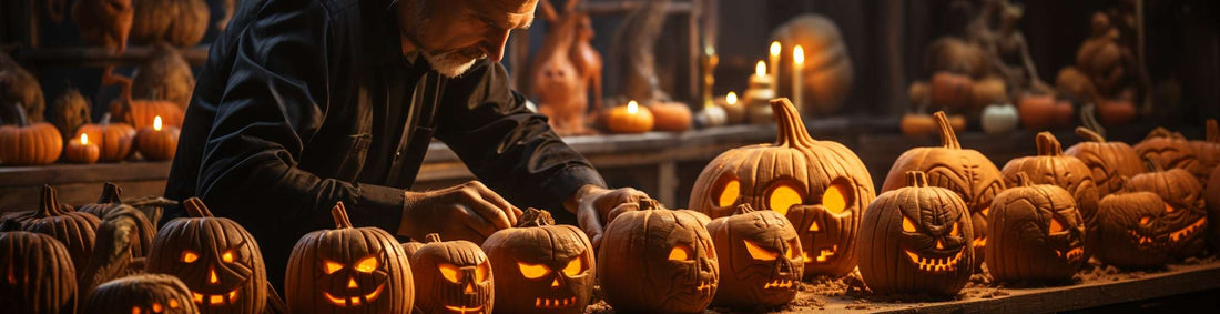 a man is carving a jack o lantern