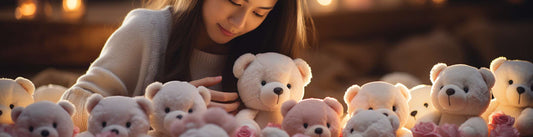 a women is looking at stuffed animals