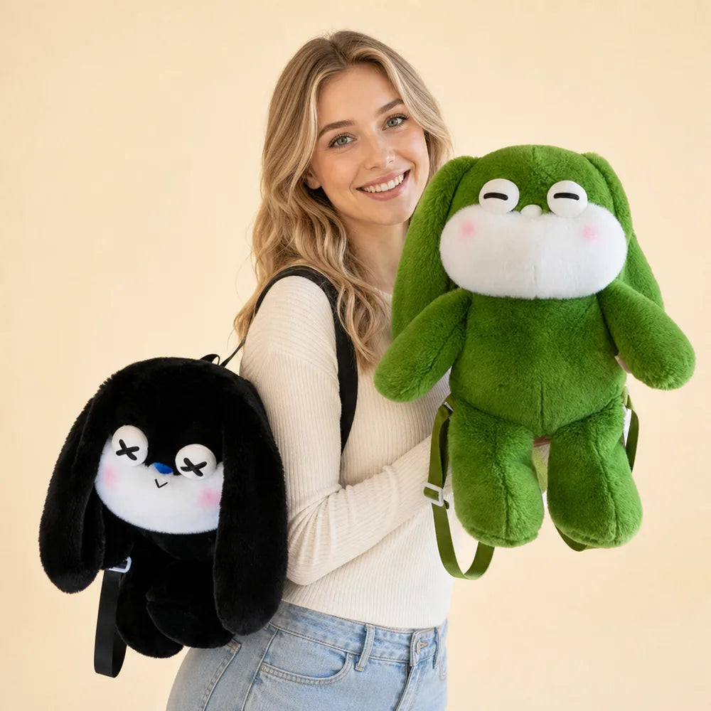 Green and Black Sleepy Bunny Plush Backpacks with American Model