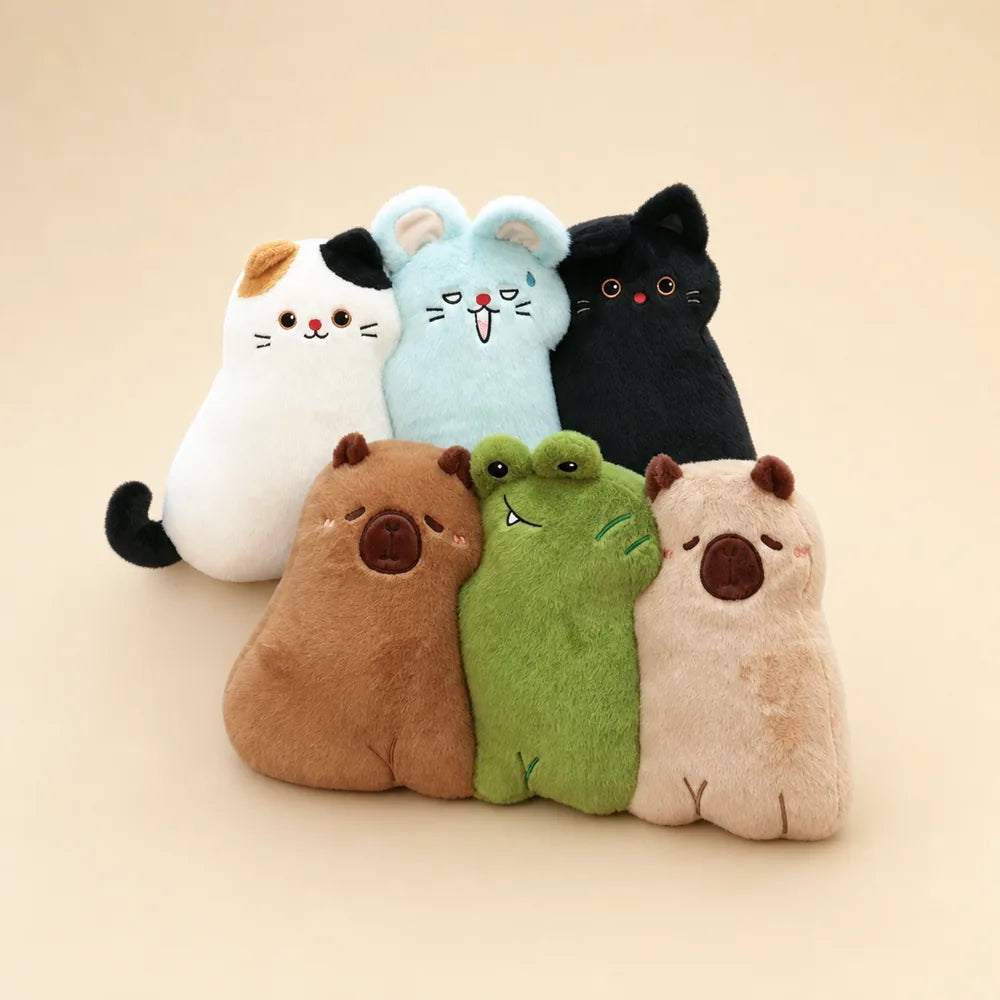 Assorted Cute Animal Pillow Plushies on Warm Beige Background