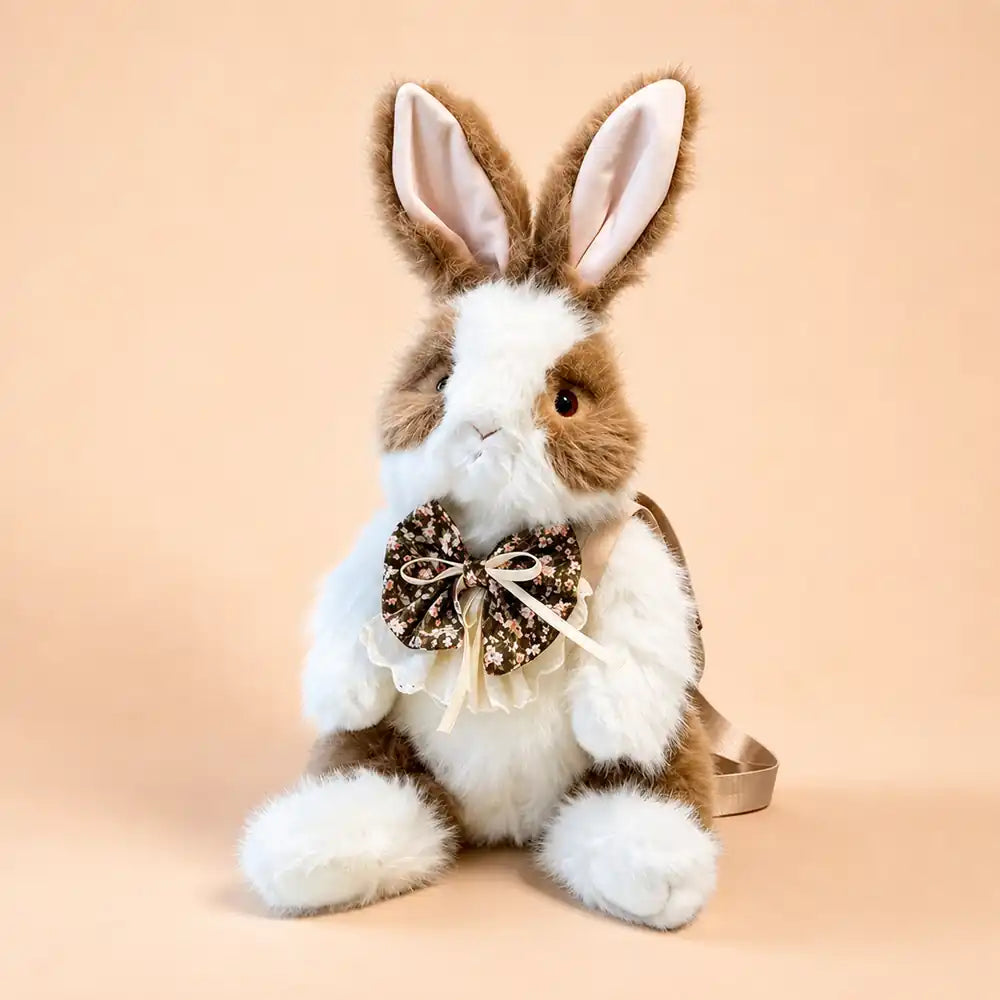 Brown Floral Bow Bunny Plush Backpack with Original Shoulder Strap