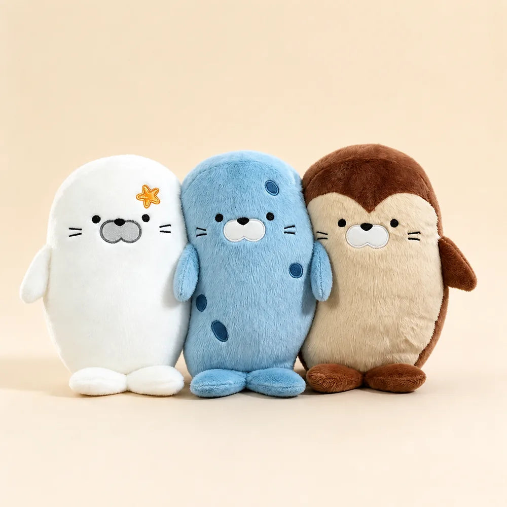 Cute Seal and Brown Sloth Animal Pillow Plush Trio on Warm Beige Background