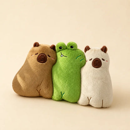 Bear Frog and Cream Animal Pillow Plush Trio on Warm Beige Background