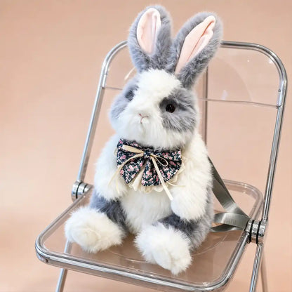 Gray Floral Bow Bunny Plush Backpack with Original Shoulder Strap