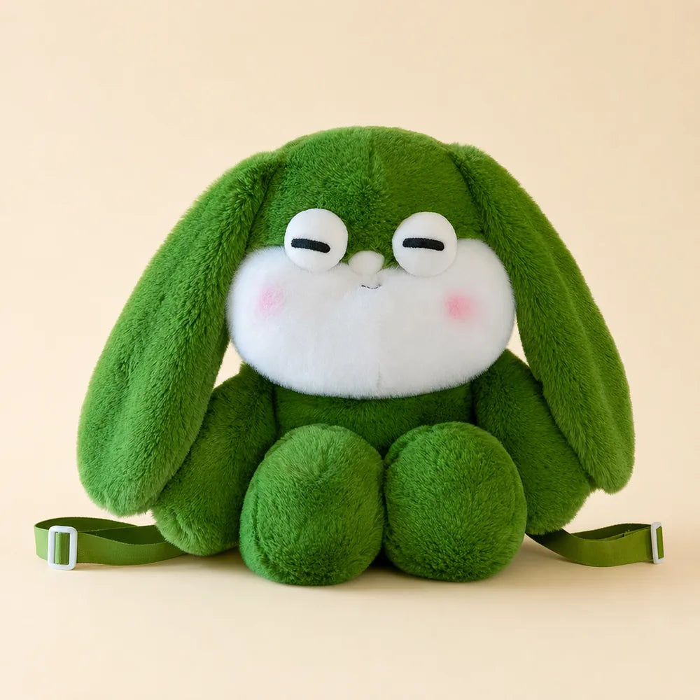 Green Sleepy Bunny Plush Backpack Lifestyle View