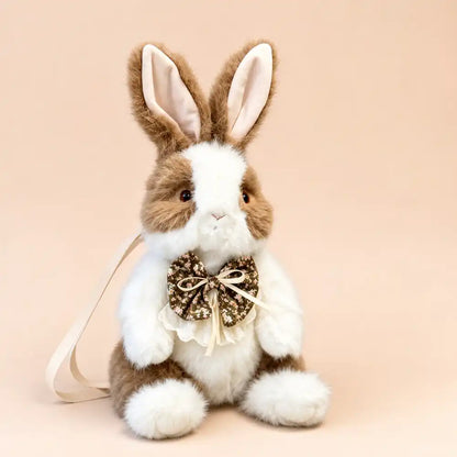 Brown Floral Bow Bunny Plush Backpack Detail View