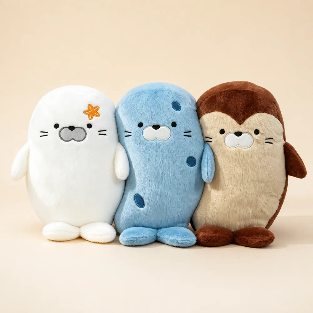 Cute Seal and Brown Sloth Pillow Plush Trio on Warm Beige Background