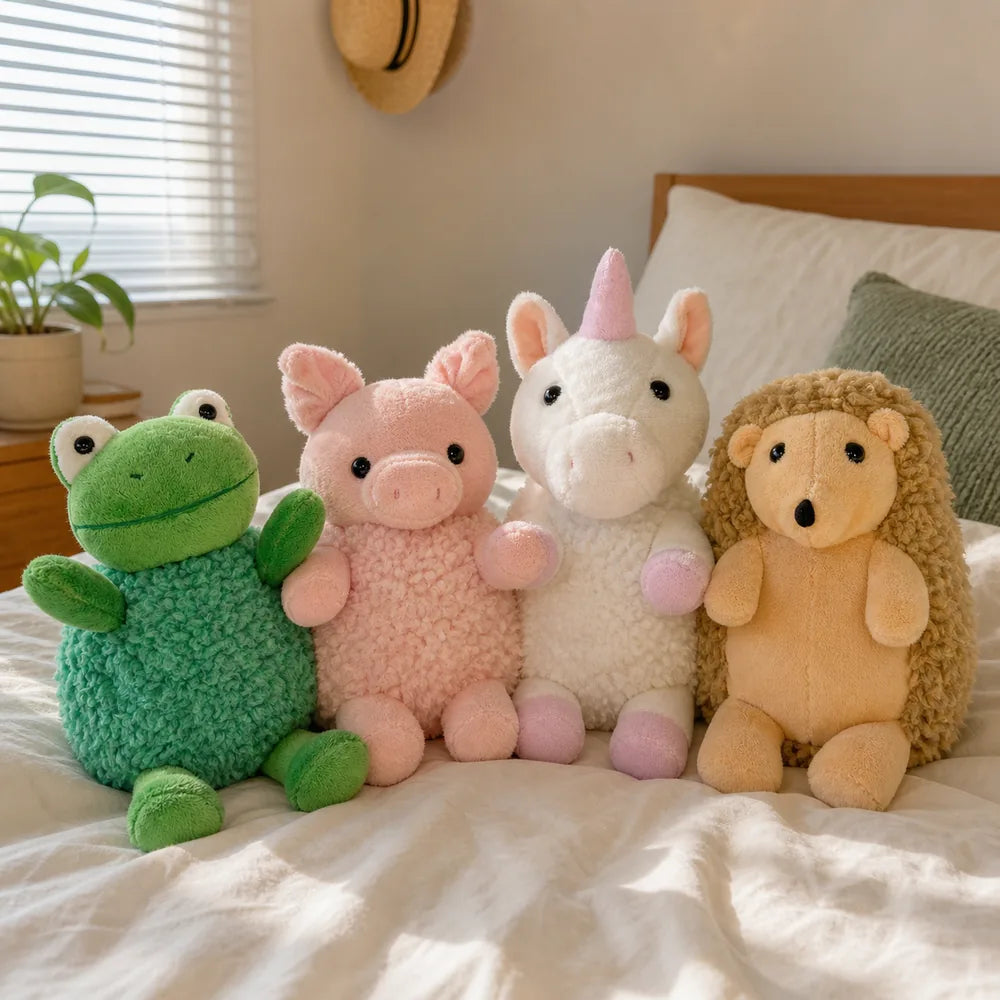 Fuzzy Plush Animal Collection on a Cozy Bed