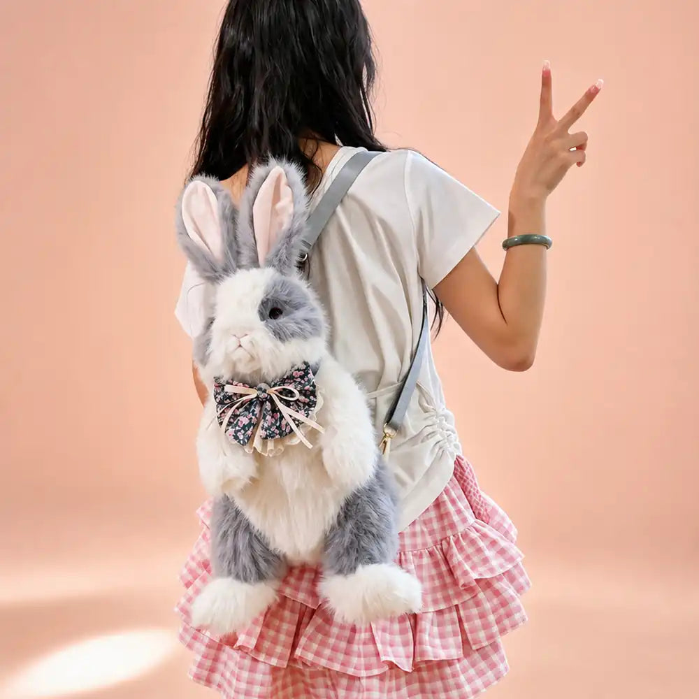 Gray Floral Bow Bunny Plush Backpack Worn View