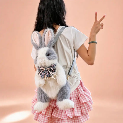 Gray Floral Bow Bunny Plush Backpack Worn View
