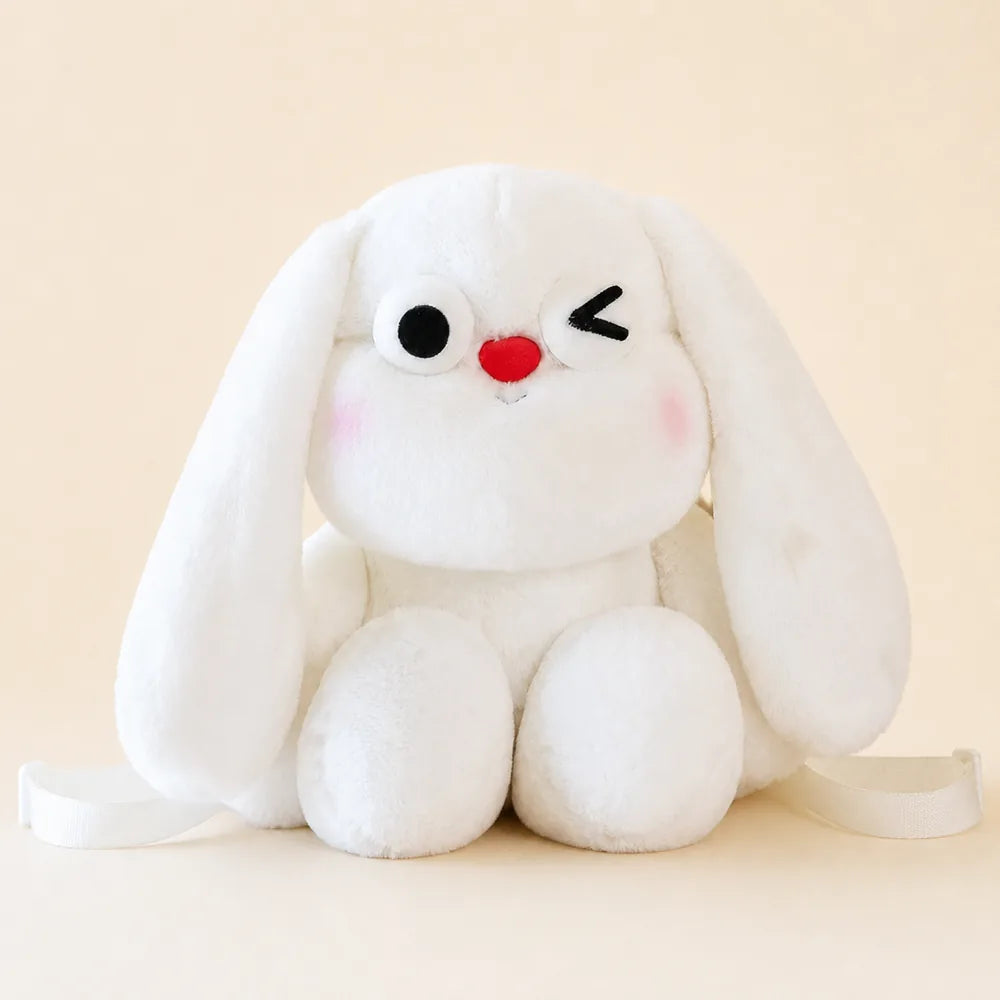White Sleepy Bunny Plush Backpack Front View