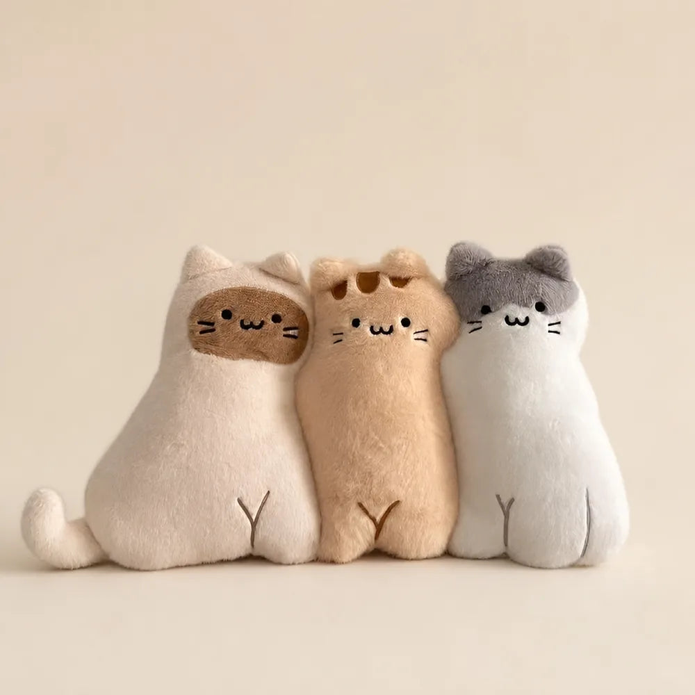 Three Cute Cat Animal Pillow Plushies on Warm Beige Background
