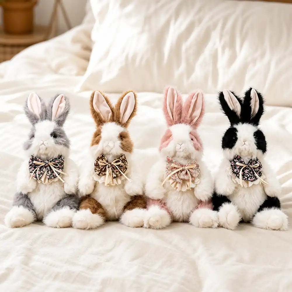 Floral Bow Bunny Plush Backpack Collection on a Cozy Bed