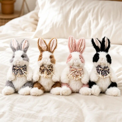 Floral Bow Bunny Plush Backpack Collection on a Cozy Bed