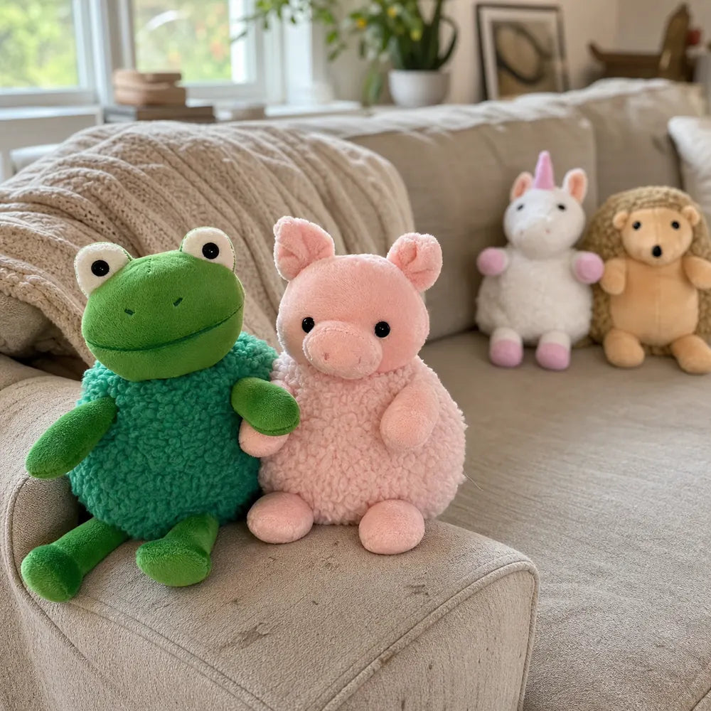 Green Frog and Pink Pig Plush Animals on a Sofa