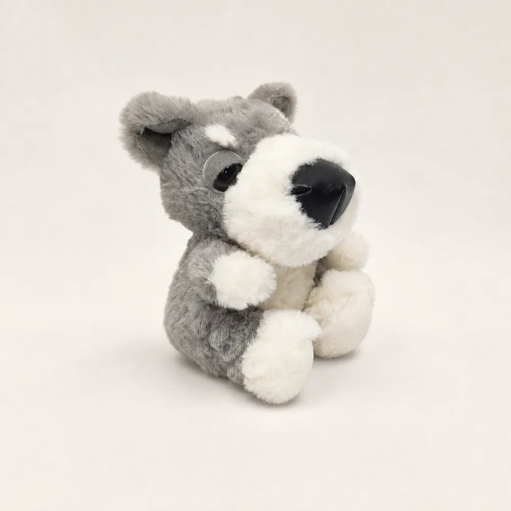 Light Gray and White Big Nose Dog Plush - Seated Side View