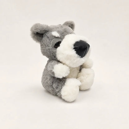 Light Gray and White Big Nose Dog Plush - Seated Side View