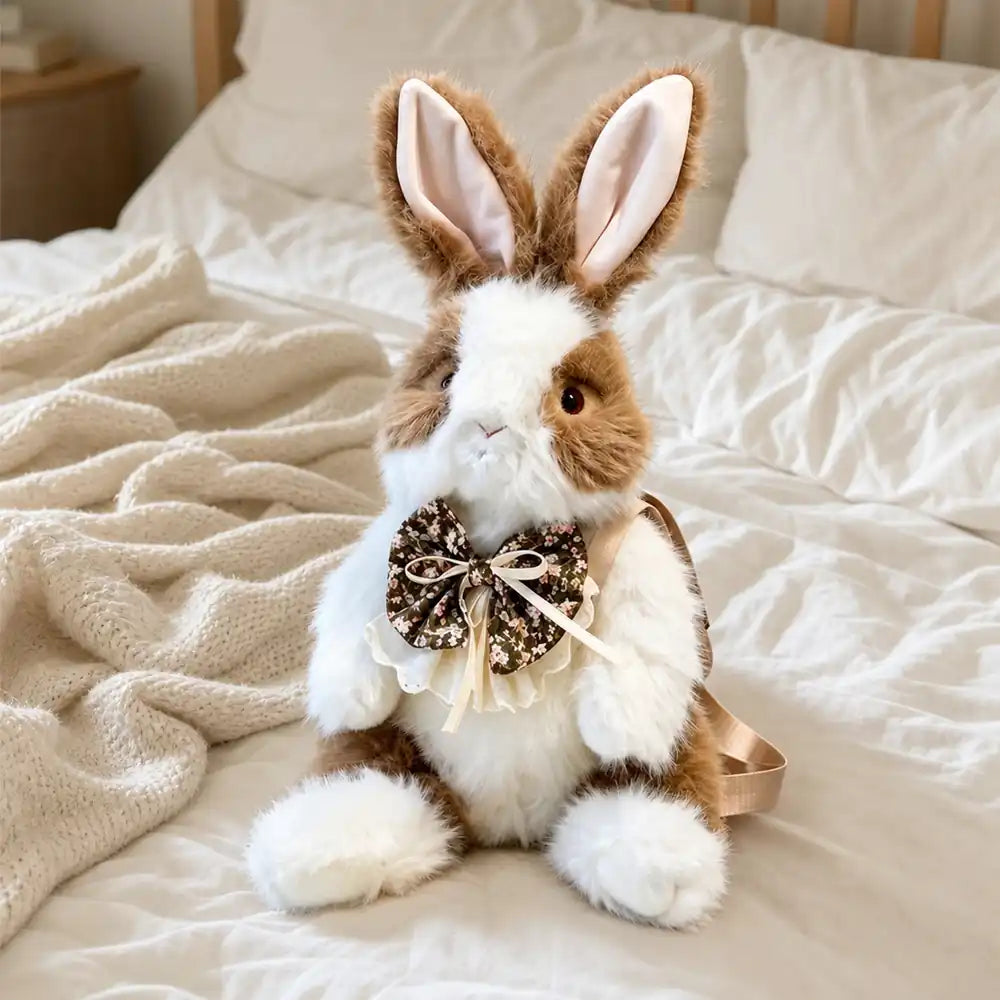 Brown Floral Bow Bunny Plush Backpack on a Cozy Bed