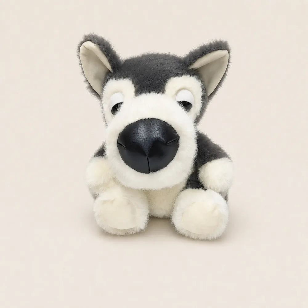 Dark Gray and White Big Nose Dog Plush - Front View