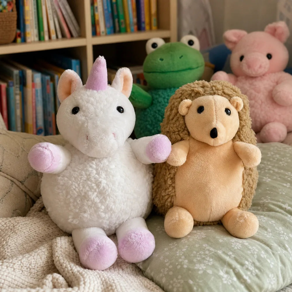 Unicorn and Hedgehog Plush Animals in a Reading Nook