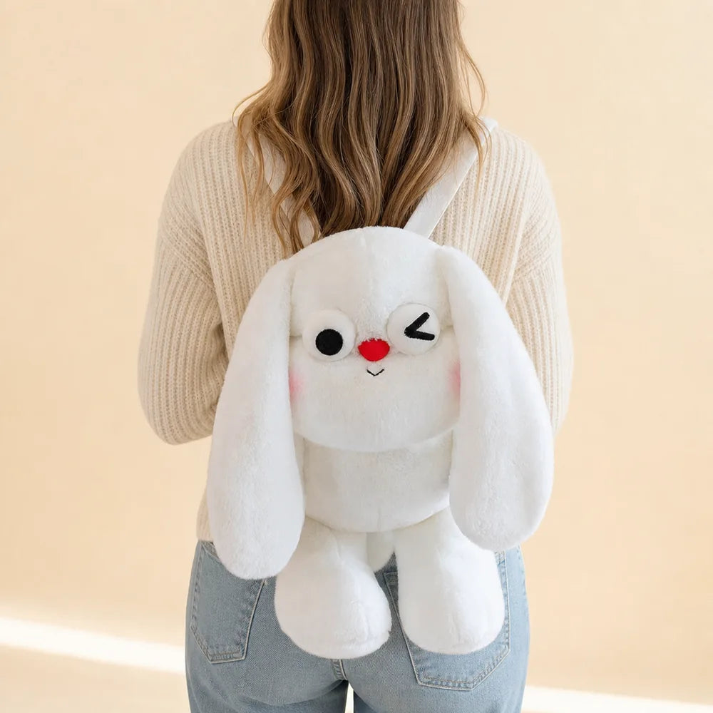 White Sleepy Bunny Plush Backpack Worn by American Model
