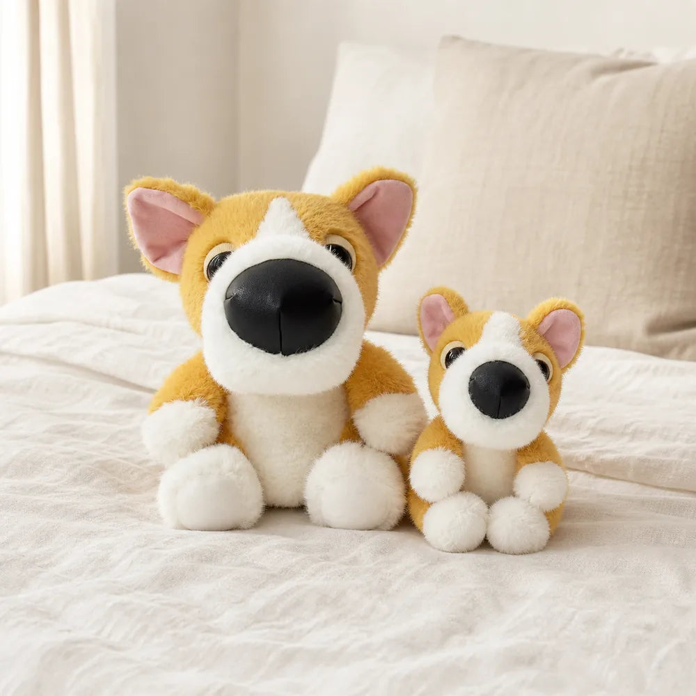 Yellow and White Big Nose Dog Plush on a Cozy Bed