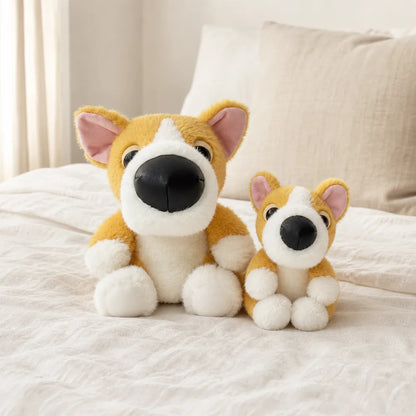 Yellow and White Big Nose Dog Plush on a Cozy Bed