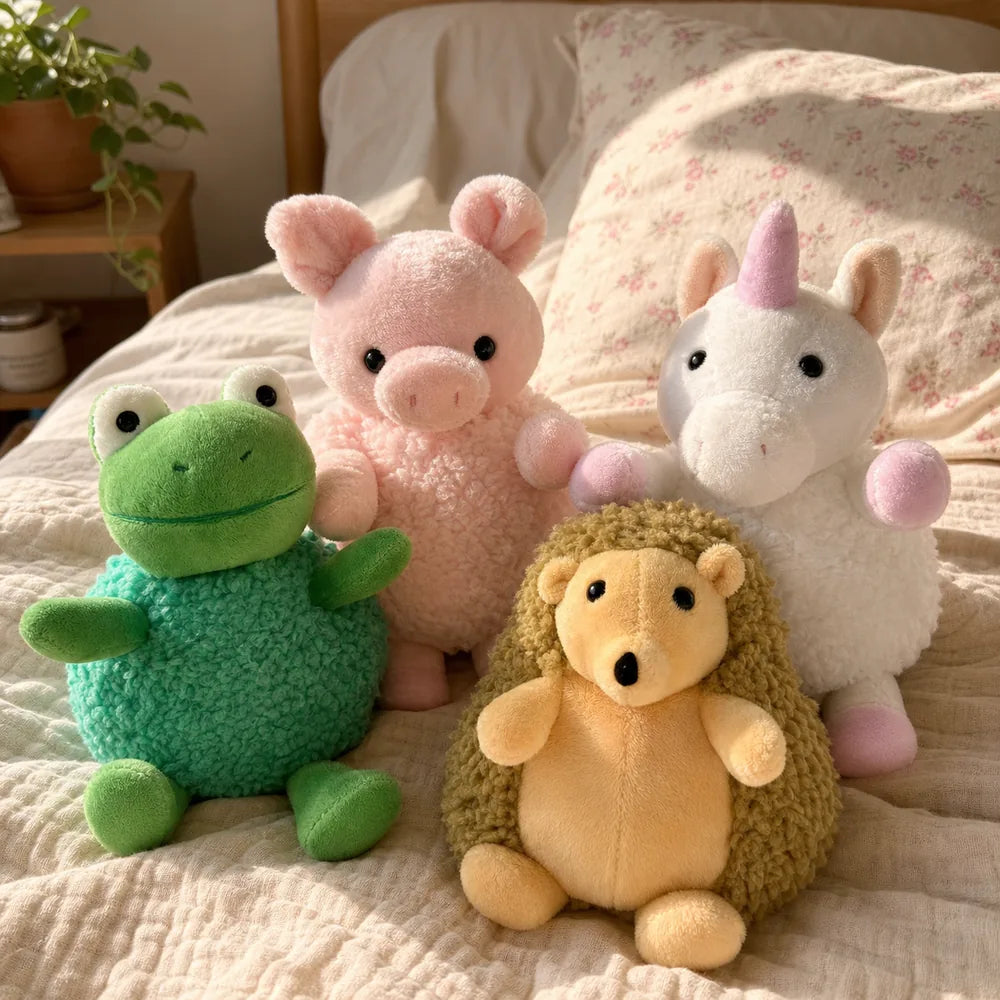 Fuzzy Plush Animal Collection in a Cozy Bedroom