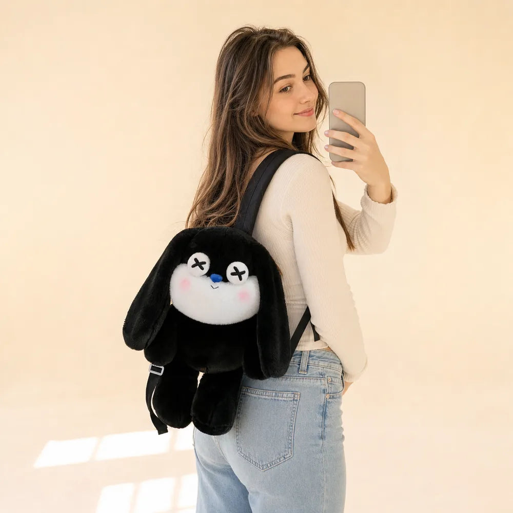 Black Sleepy Bunny Plush Backpack Worn by American Model