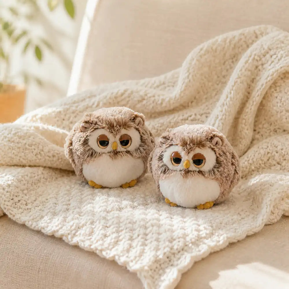 Brown Sleepy Owl Plush Pair on a Cream Sofa