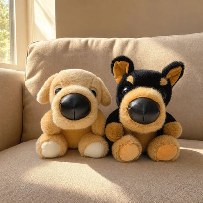 Big Nose Dog Plush Pair on a Warm Sofa