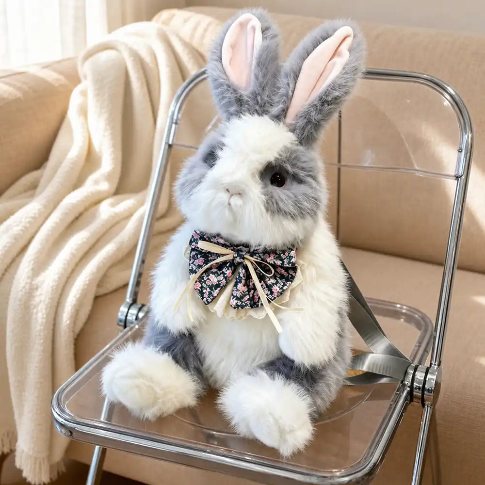Gray Floral Bow Bunny Plush Backpack in a Cozy Home