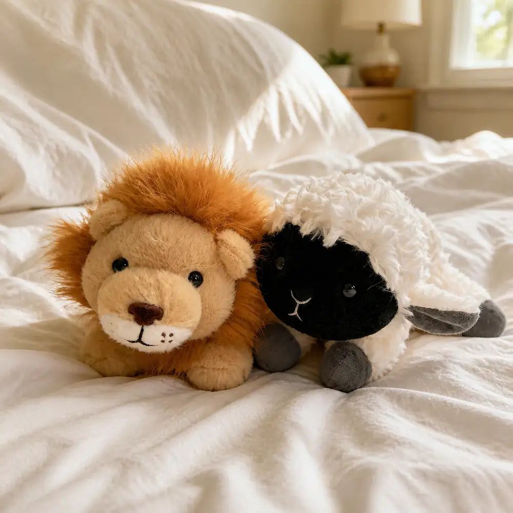 Lion and Lamb Forest Friends Plush Animals on a Bed